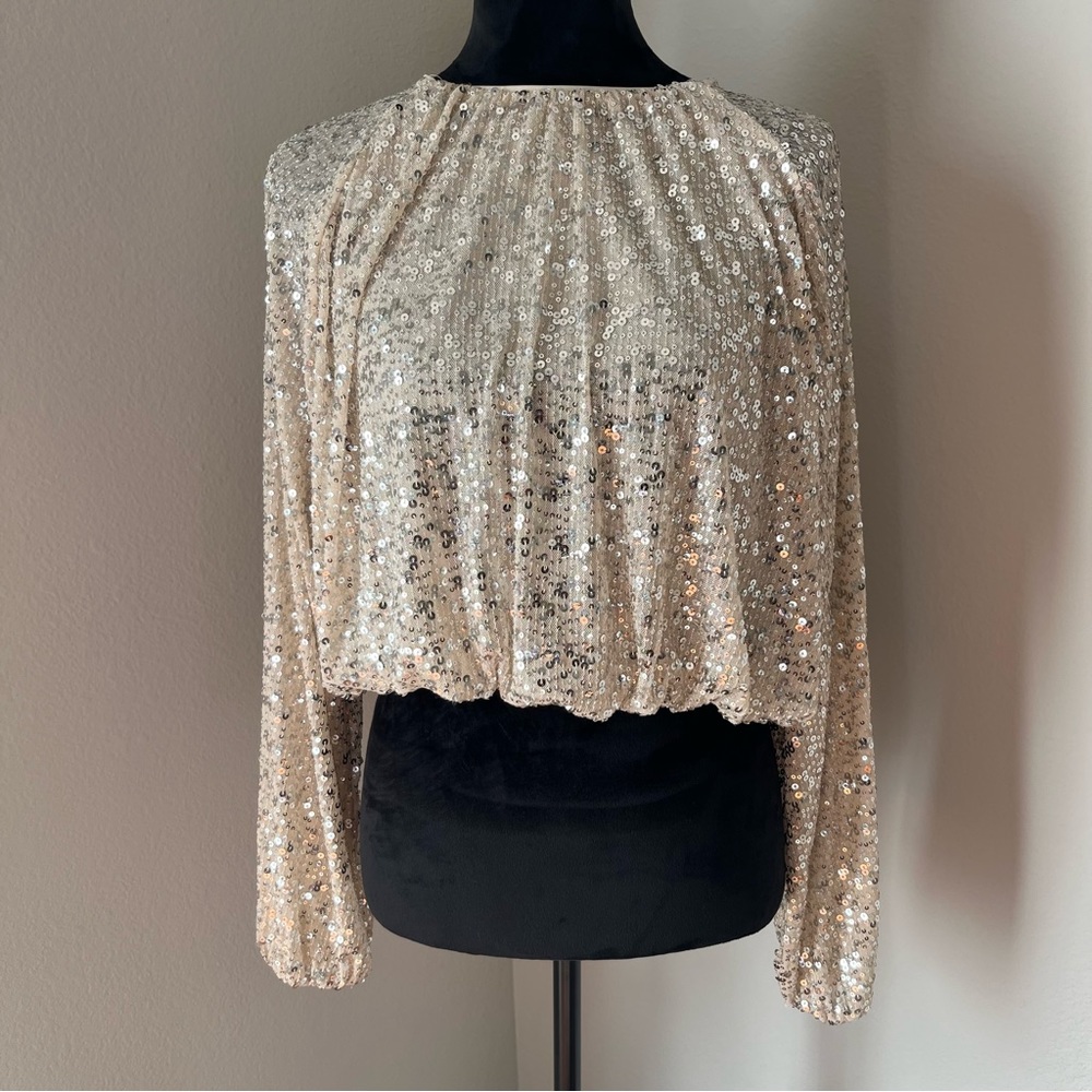 NWT H&M Women’s Sequence White Gold Blouse Elastic Waist Long Sleeve Size L - Picture 1 of 11